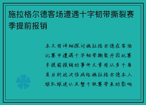 施拉格尔德客场遭遇十字韧带撕裂赛季提前报销